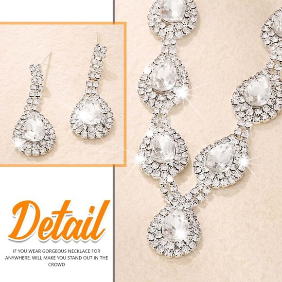Crystal Bridal Jewelry Set for Women Silver Rhinestone Necklace Earrings Prom - Picture 6 of 7